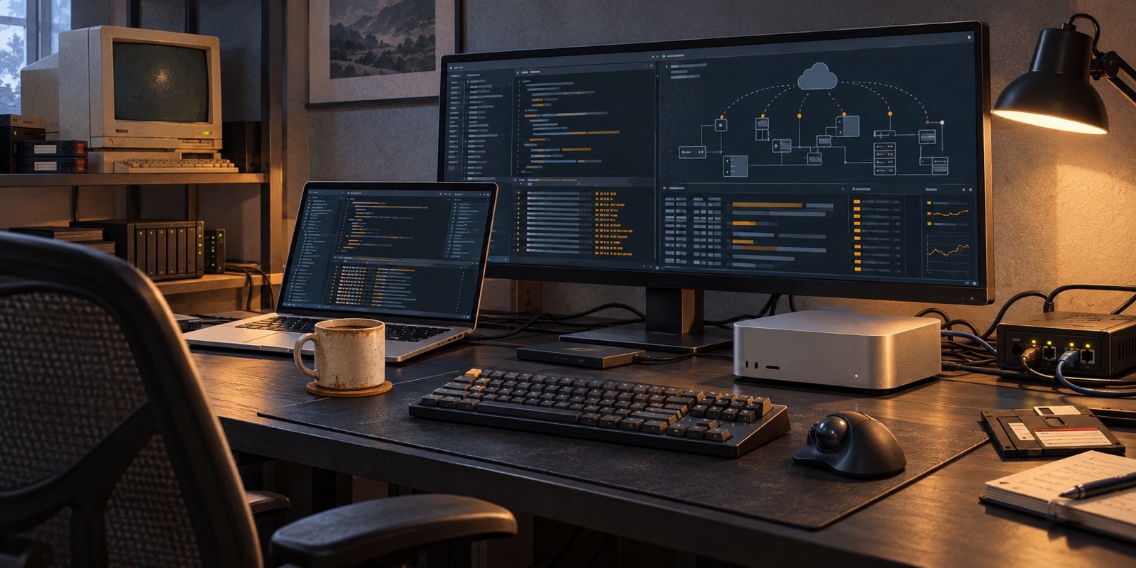 A technology desk with a modern laptop, a monitor and a retro computer.